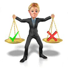 A man holding up a scale with an X being lifted over the check mark.
