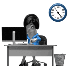 A business woman typing keeps checking clock for closing time.