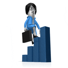 This animation shows a business character woman walking up a continuous bar graph.