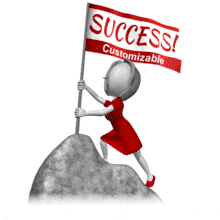 This custom design animation shows a woman figure holding a flag at the summit of a mountain.