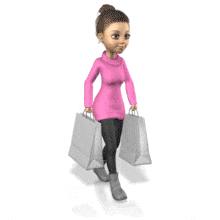 A woman in a sweater walks with two shopping bags.