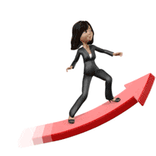 This animation shows the businesswoman Talia riding an arrow pointing up.