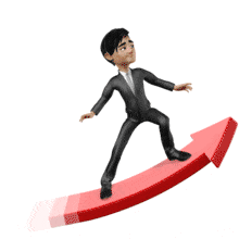 This animation shows the businessman Brad riding an arrow pointing up.