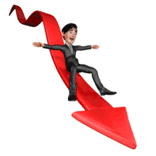 This animation shows businessman Brad sliding on a down arrow out of control.