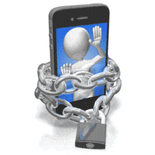 An animation of a figure trapped in the screen of a cell phone representing smart phone addictions.