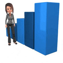 A business woman stands next to a bar graph smiling and clapping about the success.