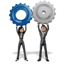 This animation shows two business characters each holding a gear that are joined together.