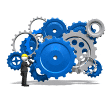 An animation of an inspector checking out the set of gears with a flashlight.