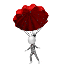 This animation shows a figure floating safely in a parachute.