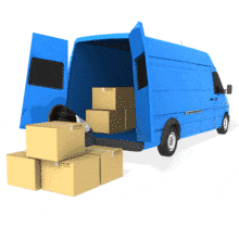 Talia loads a van with boxes.