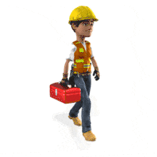 A male construction worker carries a toolbox as he walks