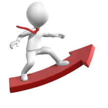 An animation of a figure surfing an arrow pointing forward.