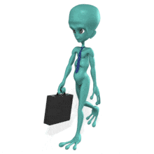 An alien businessman walks with a briefcase.