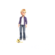 Simon slips on a banana peel and falls to the ground.