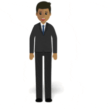 This flat design animation shows a man figure gesturing upward.