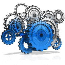 This animation shows a group of rotating gears going from a wire frame draft sketch to full completed gears.