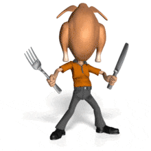 This holiday thanksgiving animation shows a person wearing a turkey on there head while doing a funny dance with a fork and knife.