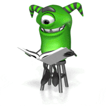 This animation shows a monster character with a surprised look while reading a book.