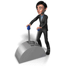 An animation of a business man shifting a few control levers.