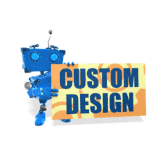 A small robot holds up a sign with your custom design.