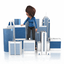 A business woman looks at and picks up different buildings.