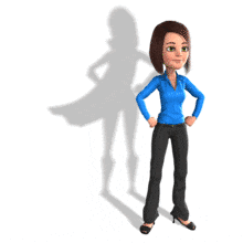 An animation of a woman standing in a confident pose and her shadow shows a superhero.