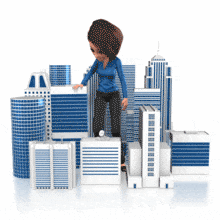 A business woman looks at and picks up different buildings before stopping and looking at camera.