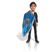 A businessman looks around, sees something, then raises his shield to block it.