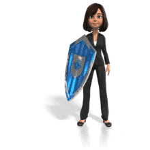 A business woman looks around, sees something, then raises her shield to block it.