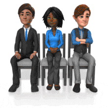 Three business people sit in chairs looking around then react to something happening by covering their mouth, eyes and ears. This clip-art is based off the proverb to speak no evil, see no evil, and hear no evil.