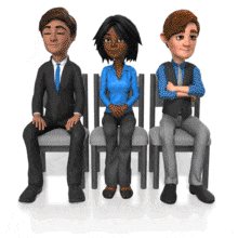 Three business people sit in chairs looking around as they wait.