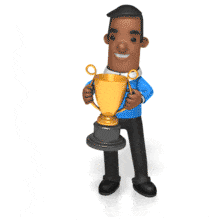 A guy with a in a tie shows proudly shows off his gold trophy.