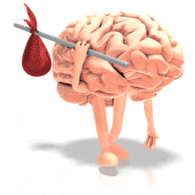 An animated clipart showsof a brain walking with a bag on a stick over its shoulder.  This animation would be a perfect image to show being absent-minded, distracted,  bored, or losing attention.