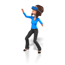 A woman wearing VR goggles moves around then stops and removes headset.