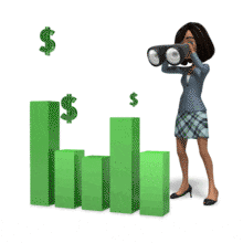 An animation of Talia with binoculars looking at a bar graph with money symbols floating up.