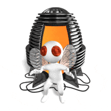 A stickman combined with a fly moves around outside a teleportation machine.