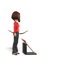 A business woman shoots three arrows into an unseen wall.