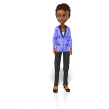 A business woman stands and makes different presentation gestures to whatever you place beside or behind.