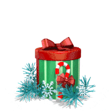 An animation of a Christmas themed penguin popping out of a present.