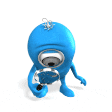 A blue character uses a magnifying glass to search for something, then points after finding it.