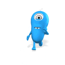 A blue character trips and falls, then gets up and pulls out a sign with your custom design.