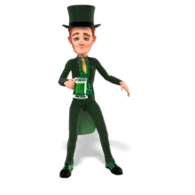 A drunk man in a green tuxedo and top-hat staggers while drinking green beer from a mug.