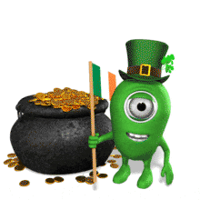 A green creature with an St. Patrick&#039;s Day top-hat waves an Irish flag before sticking it in a pot of gold.