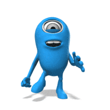 A blue character walks then strikes a pose.