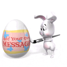 The Easter Bunny uses a paint brush to paint a giant egg with your custom design.