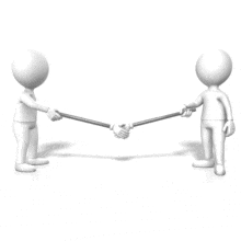 Two figures shake hands using dummy hands on the end of poles to keep safe social distancing.