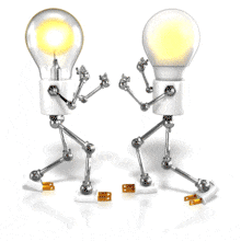 A tungsten and LED light-bulb figure raise their dukes to fight each other.