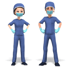 Two medical personnel in scrubs and masks give each other a high-five.