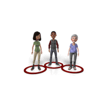 This animation shows three individuals wearing masks being separated as their distancing circles grow larger.
