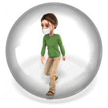 A man wearing a mask walks while in a clear bubble. This clip-art can represent someone social distancing.